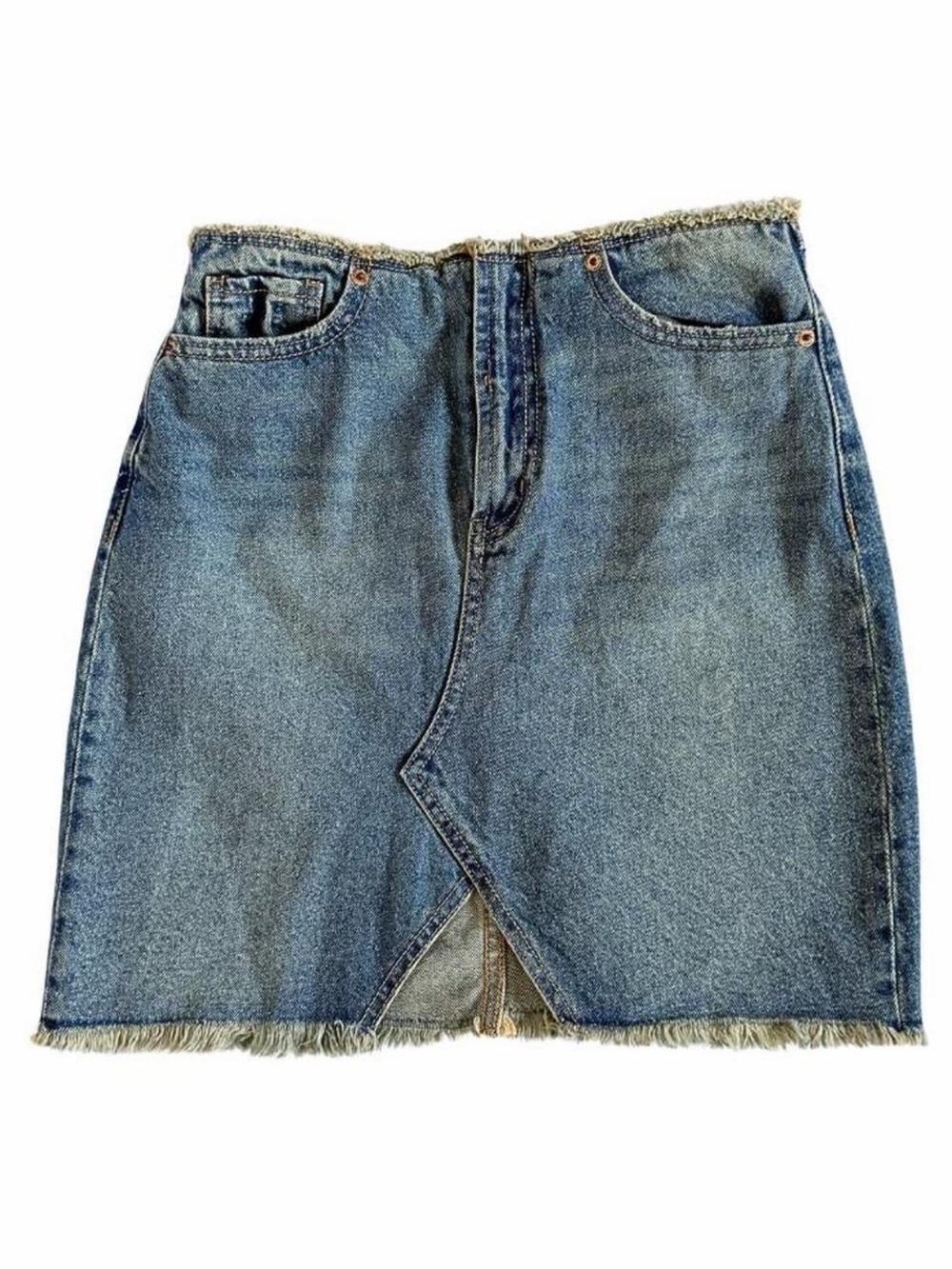 Juicy Couture Classic Blue Denim Midi Skirt with Frayed Hem